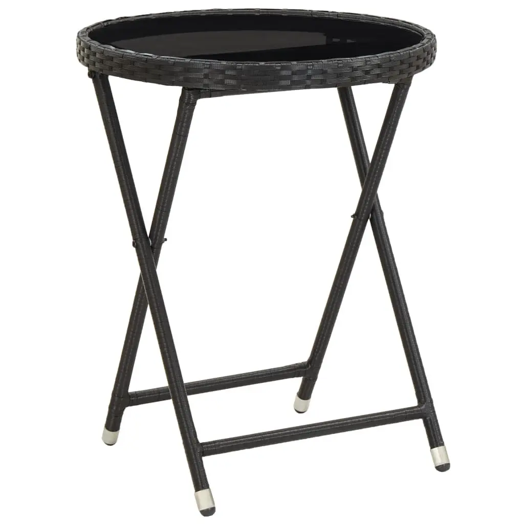 Black Tea Table 23.6 Inch Poly Rattan Tempered Glass Top
