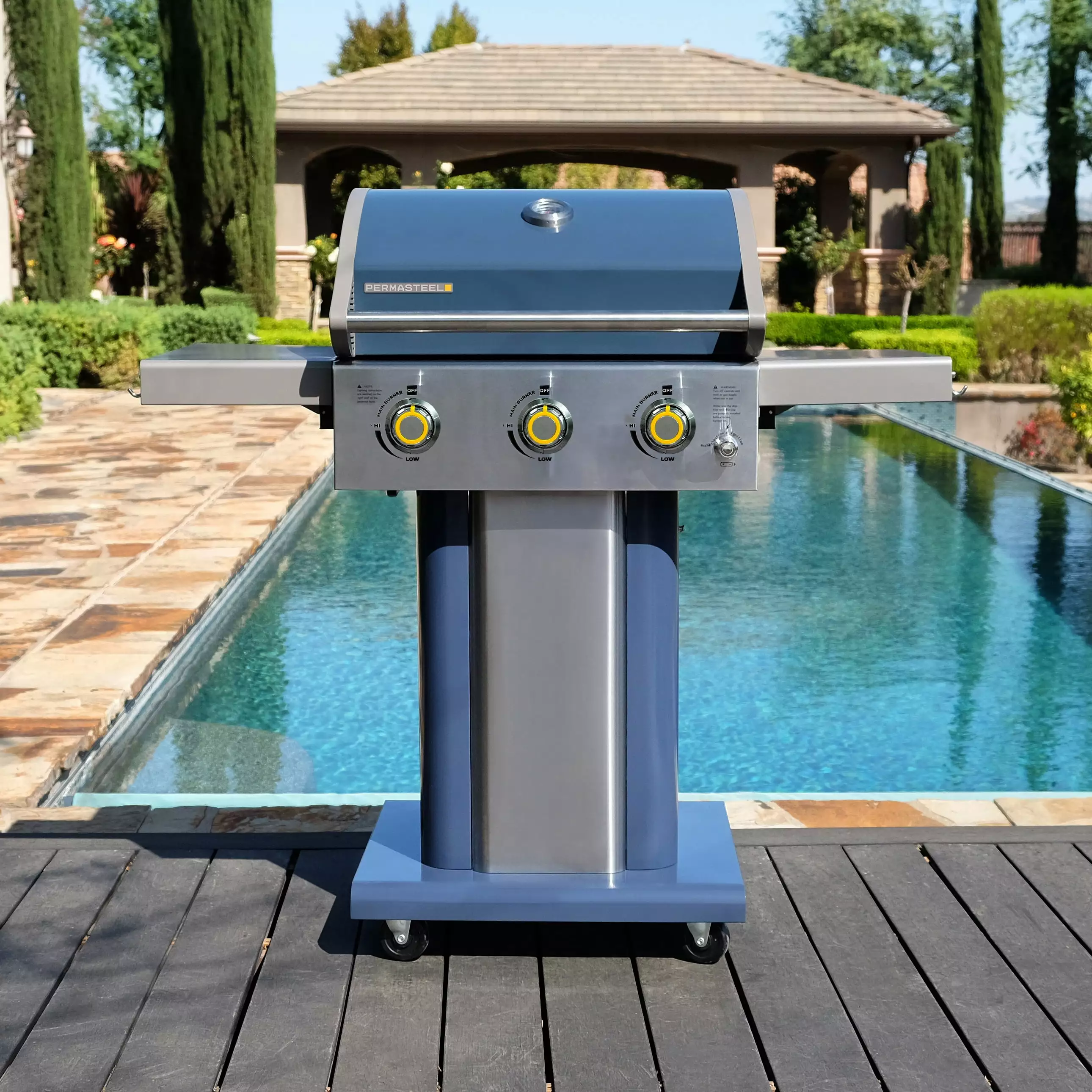 Permasteel 3-Burner Space-saving Propane Gas Grill Foldable Side Tables Azure Blue
