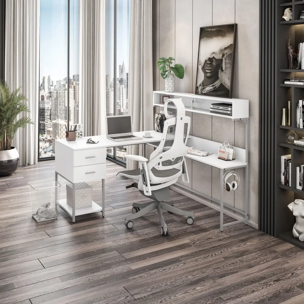 Techni Mobili L Shape Desk Hutch And Storage White White Computer Desk technimobili