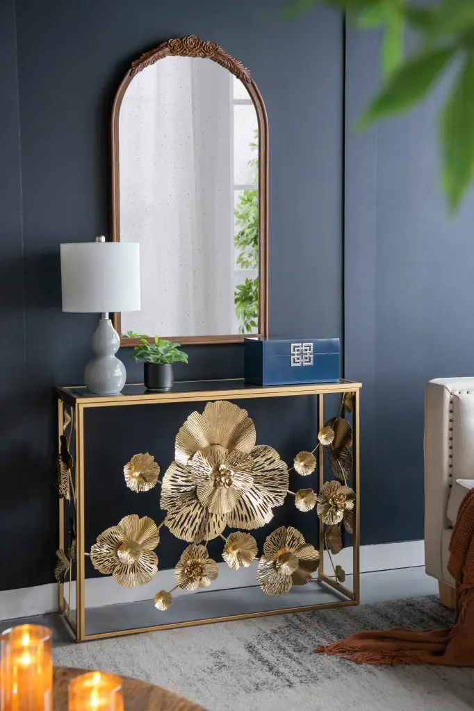 39.5" X 12" X 30.5" Precious Metal Console Table Mirrored Crystal Top, Modern w2078
