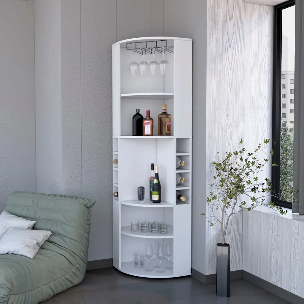 White 5 Large Shelves Corner Bar Cabinet Vertical Storage Living Room or Kitchen furniture max