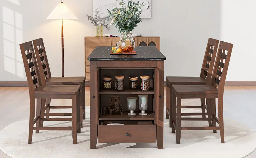Counter Height 5 Piece Dining Table Set Faux Marble Top Modern Kitchen Furniture rnb