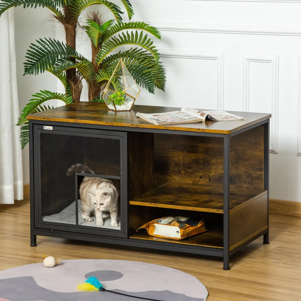 PawHut Wood & Steel Cat Kennel Dog Cage Furniture Style End Table Cushion and Sliding Doors Rustic Brown