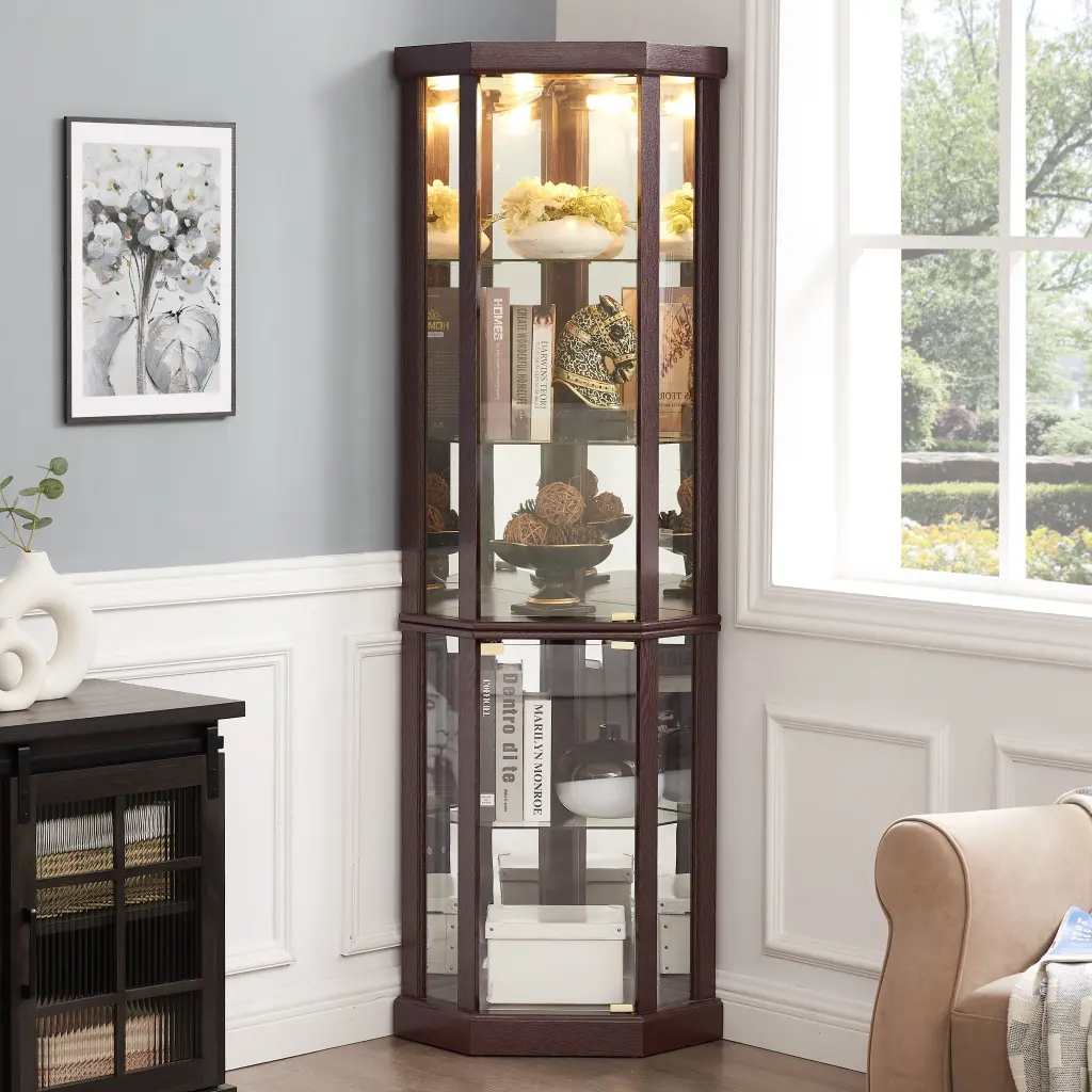 Corner Lighted Curio Cabinet Crystal Display Case Living Room Home Decor rnb