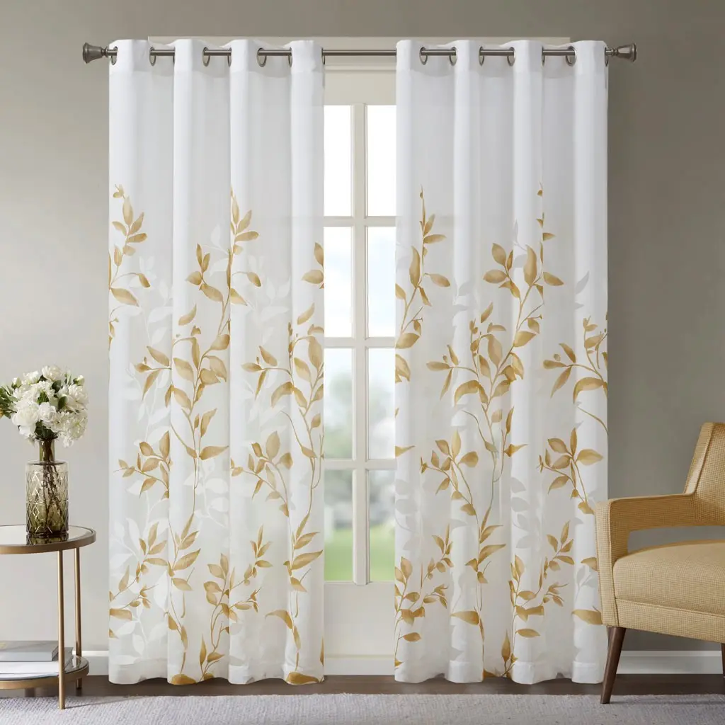 Burnout Printed Curtain Panel Ivory Precious Metal Polyester Window Treatment jla