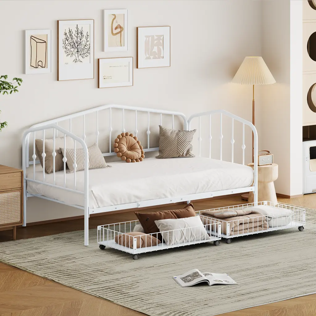 Twin Size Chic Metal Daybed 2 Drawers White Iron Finish lucky world