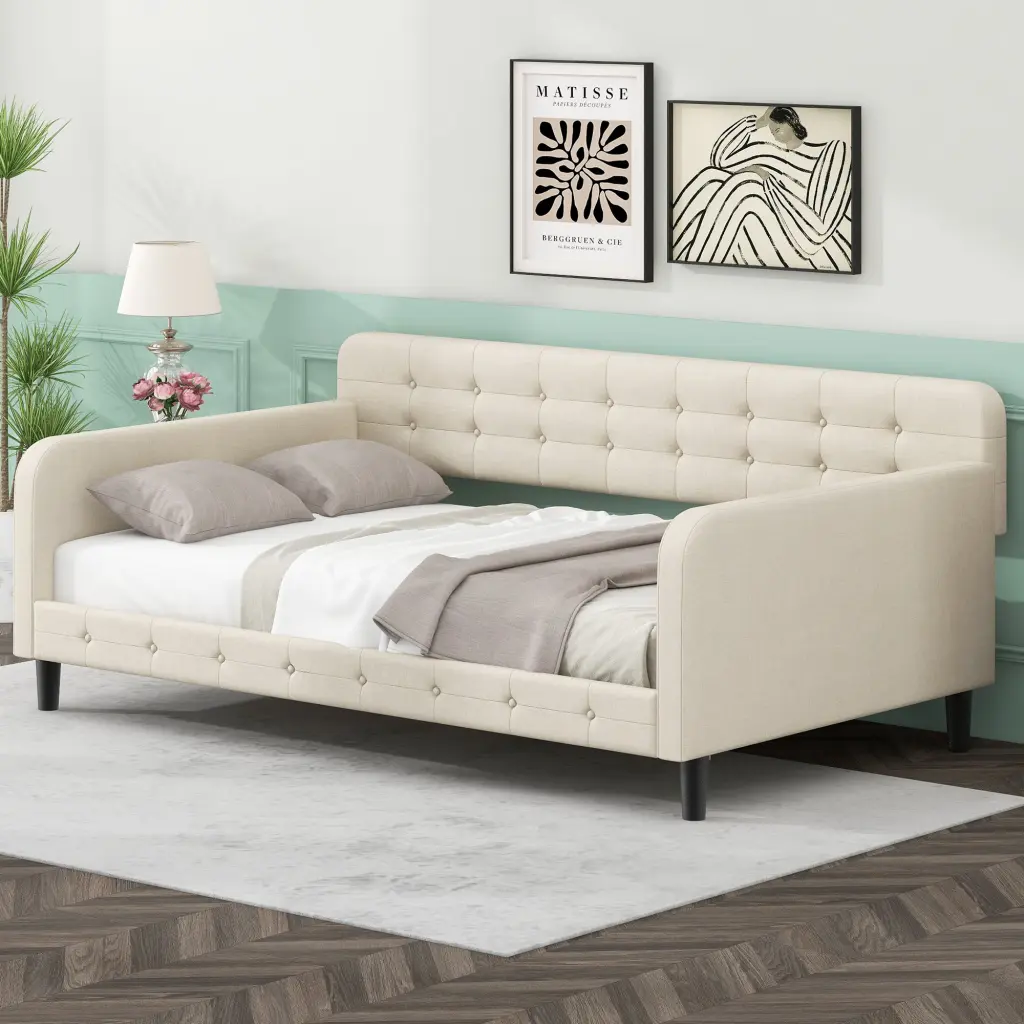 Twin Upholstered Tufted Daybed 4 Sturdy Legs Beige Small Spaces wm dreamland