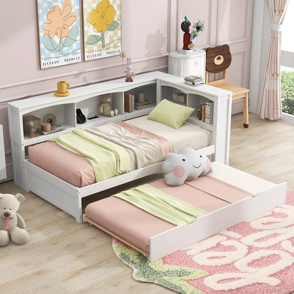 Twin Daybed Trundle Storage Cabinets And USB Ports White Bed Frame wm store