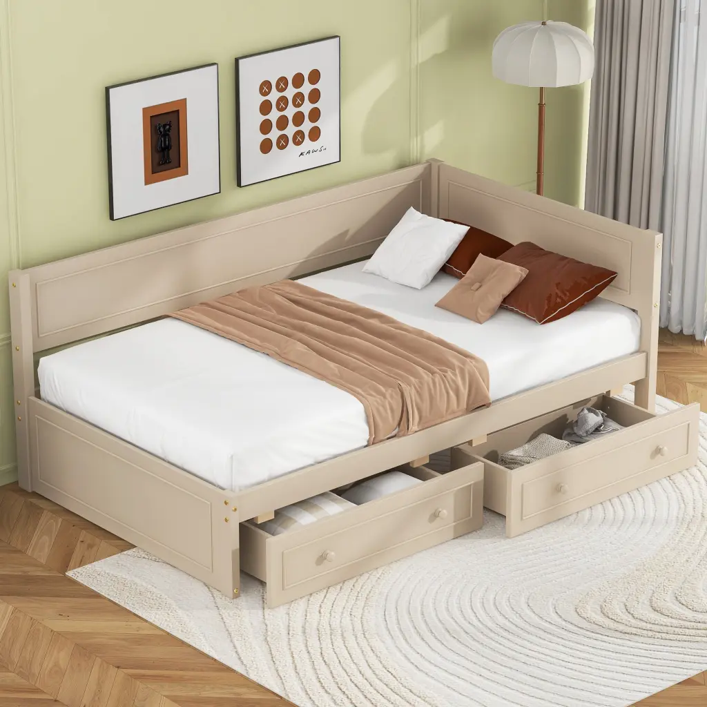 Twin Size Timber Daybed 2 Drawers and Guardrail Beige Solid Wood wm store