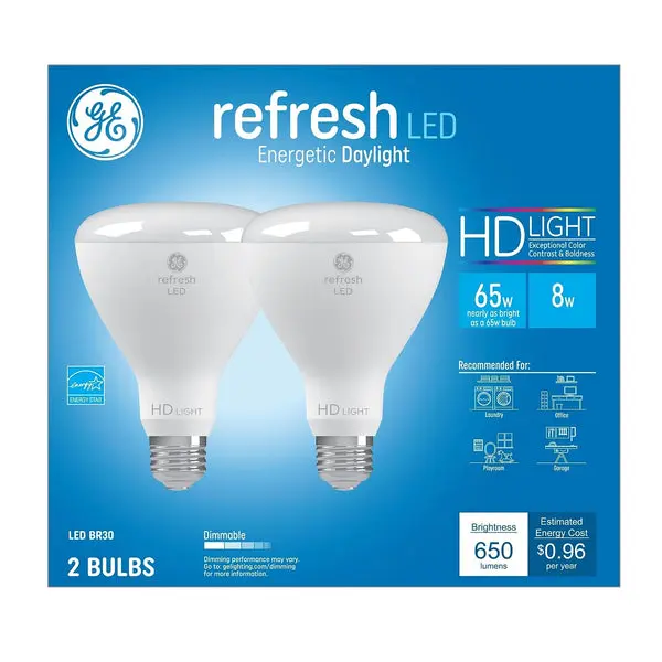 GE 93129888 LED HD+ Refresh Light Bulbs 8 Watts Daylight White Vibrant Lighting