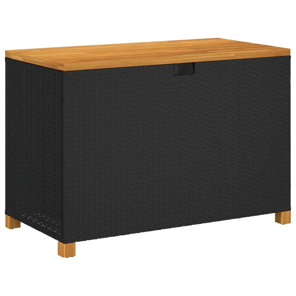 Large Patio Storage Box 43.3x21.7x24.8 Inch Black Poly Rattan Acacia Wood Outdoor Organizer