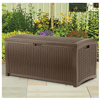Suncast DBW7300 73 Gallon Resin Wicker Deck Box Brown Outdoor Storage