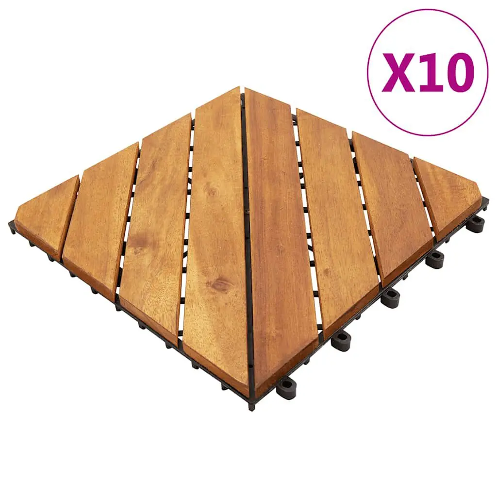 10 Pack Solid Acacia Wood Decking Tiles 11.8x11.8 Inch Interlocking Patio Flooring