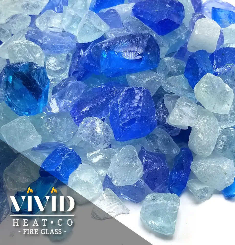 Low Smoke VIVID Heat - Bahama Azure, Aqua, Clear 1/2" - 3/4" Large Crushed Fire Glass Fireplace & Fire Pit