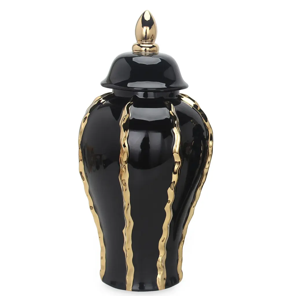 Elegant Black Porcelain Ginger Jar Vase Precious Metal Accents and Removable Lid furnings