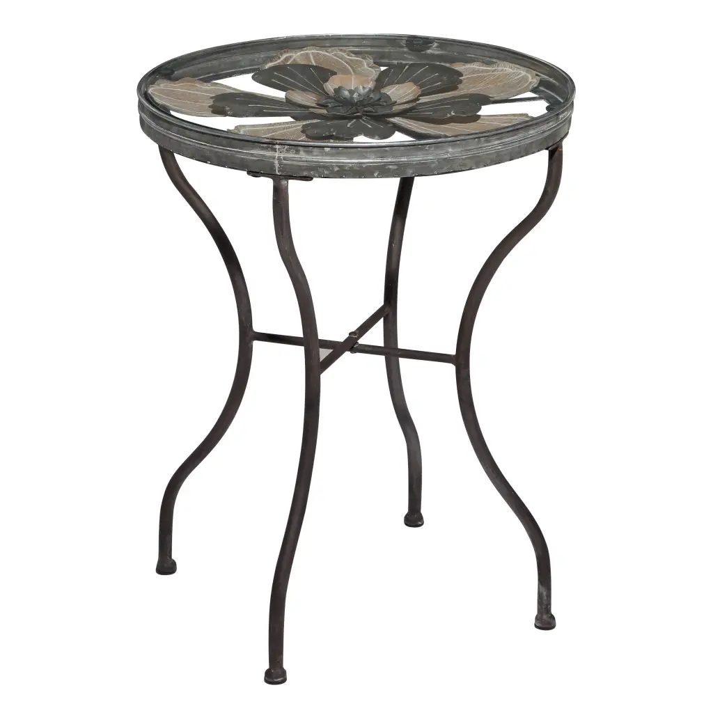 DecMode 17W x 24H Iron Farmhouse Gray Tempered Glass Accent Table Floral Sculpture