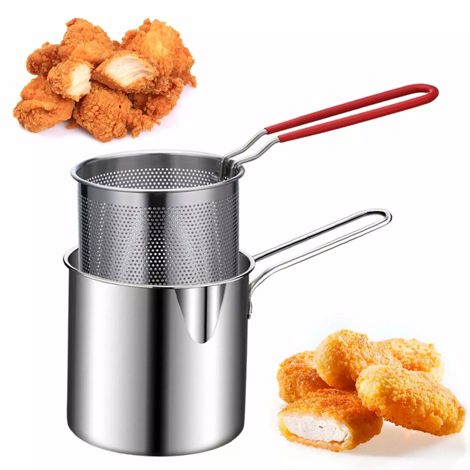 FAMTKT Mini Deep Fryer Pot Stainless Steel USA Style Oil-saving Small Fryer Strainer Filter Skimmer Frying Chicken Legs, F...