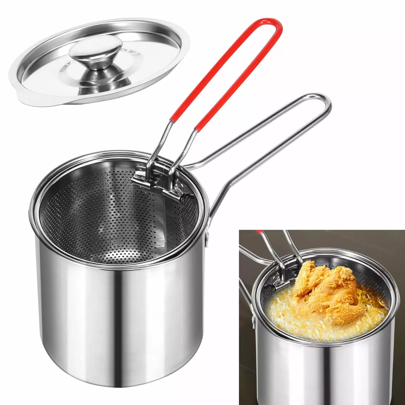 Jetcloudlive Deep Fryer Strainer Basket and Handle Stainless Steel Fry Pot Potbasketlidhobclamp