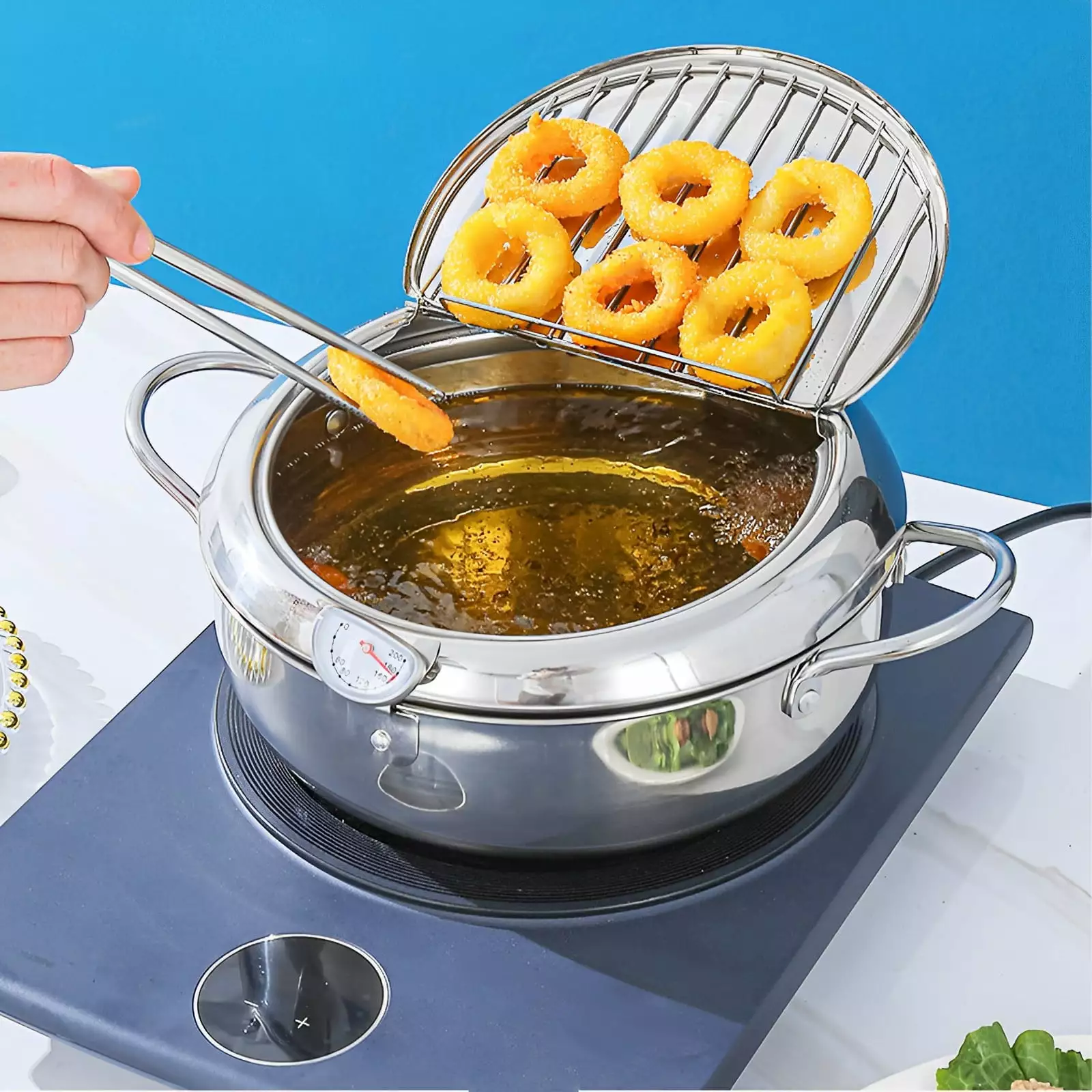 Wekvgz Deep Fryer Pot Strainer Basket and Thermometer Stainless Steel Mini Fryer 21