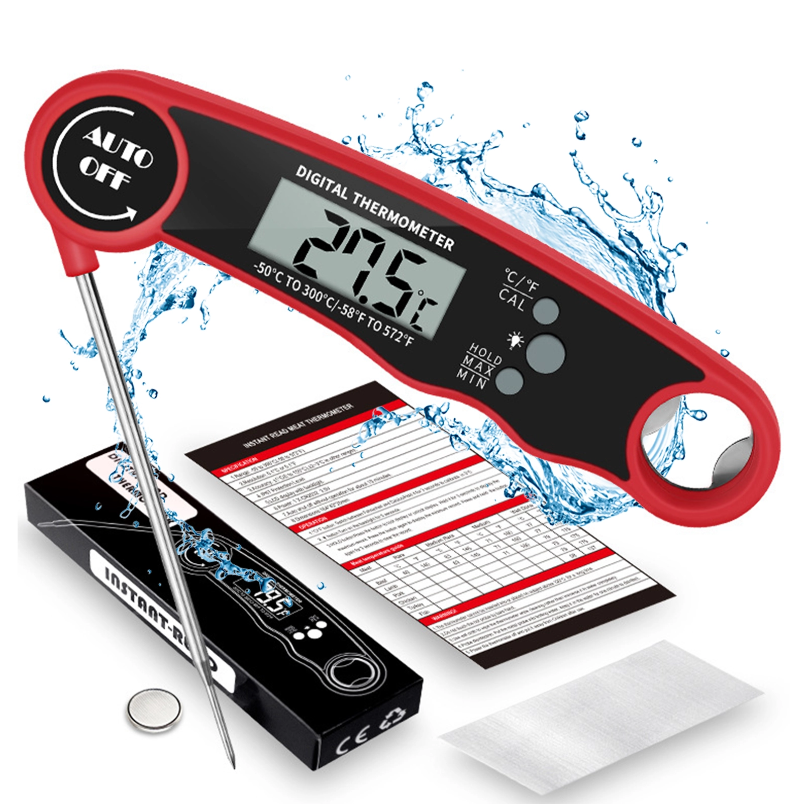 Waterproof Digital Meat Thermometer Collapsible Backlight LED Display BBQ Cooking