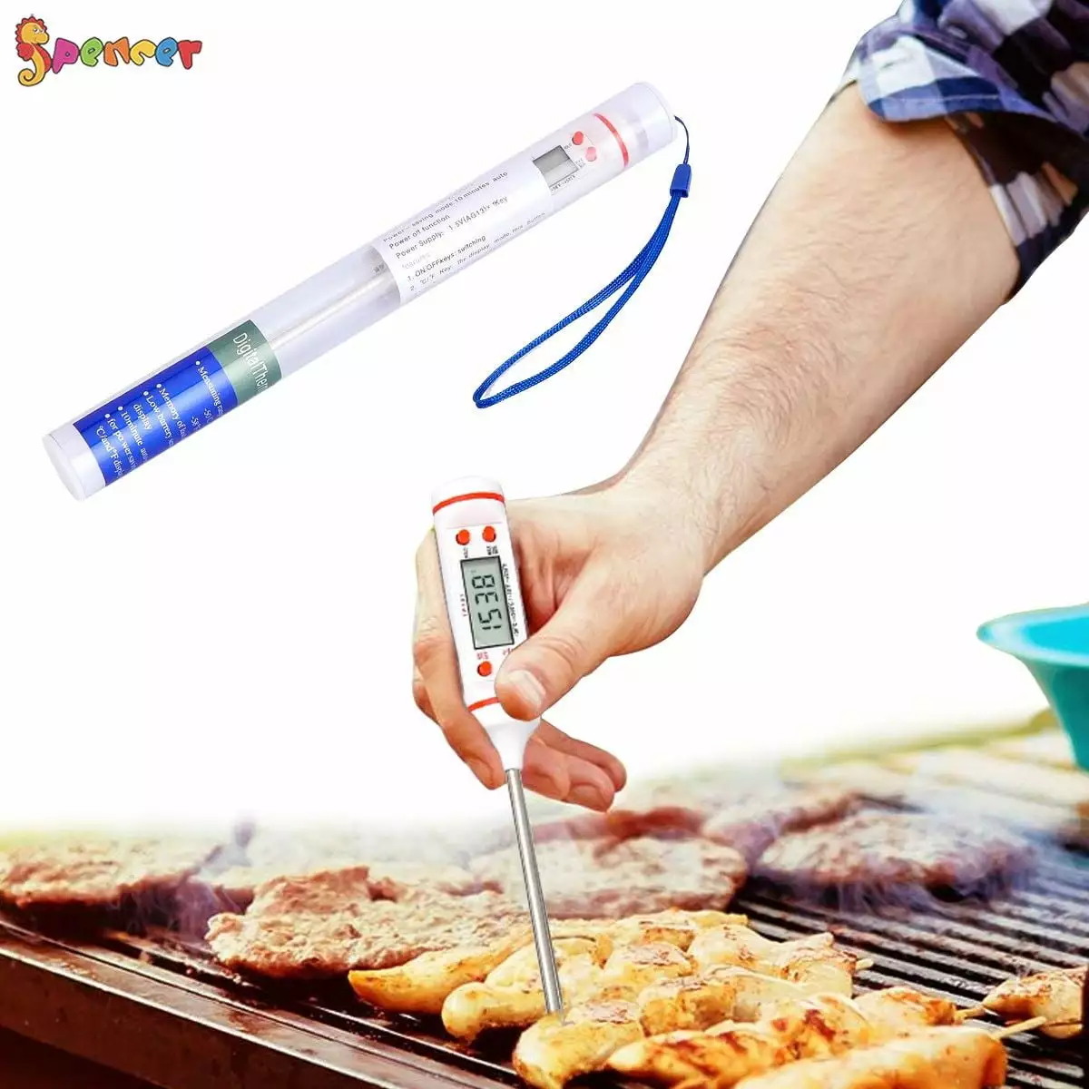 Spencer 2Pack Digital Food Thermometer 8.9 Inch Long Probe Instant Read Kitchen Cooking BBQ Grill Meat Thermometer 1pc