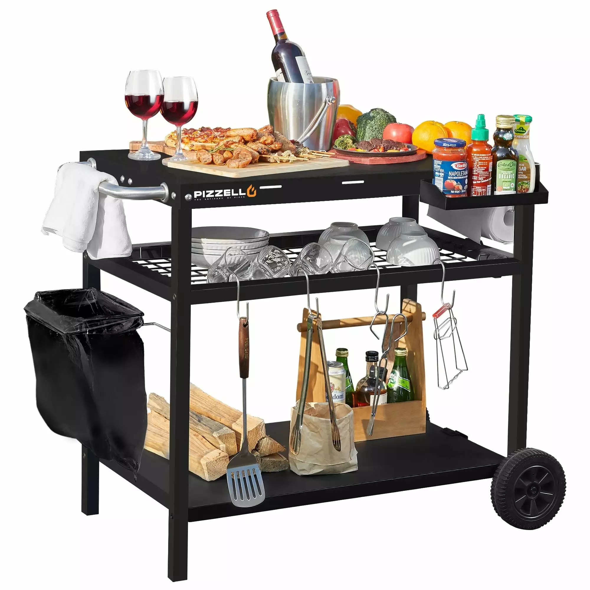 Pizzello Outdoor Grill Dining Cart Pro Black Storage and Wheels Black