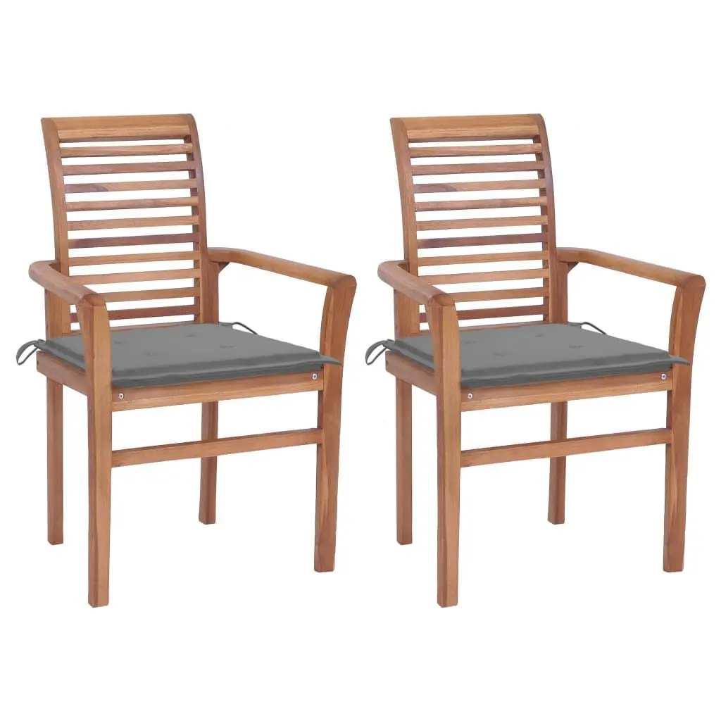 2-Piece Dining Chairs Gray Cushions Solid Teak Wood Kitchen Furniture