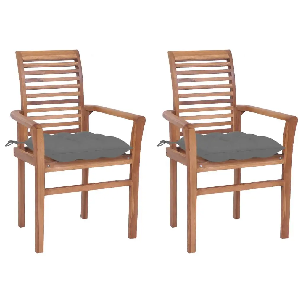 2-Piece Dining Chairs Gray Cushions Solid Teak Wood Modern Kitchen Chairs