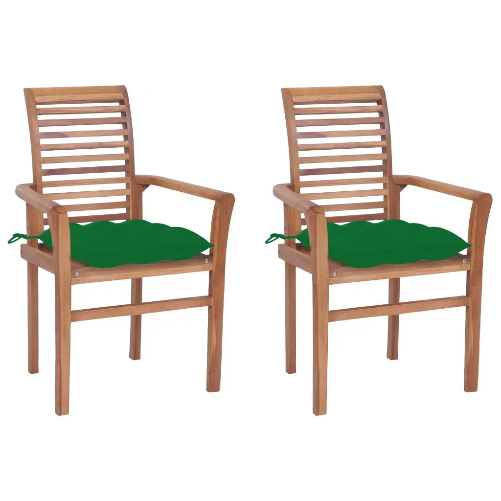 2-Piece Solid Teak Wood Dining Chairs Green Cushions