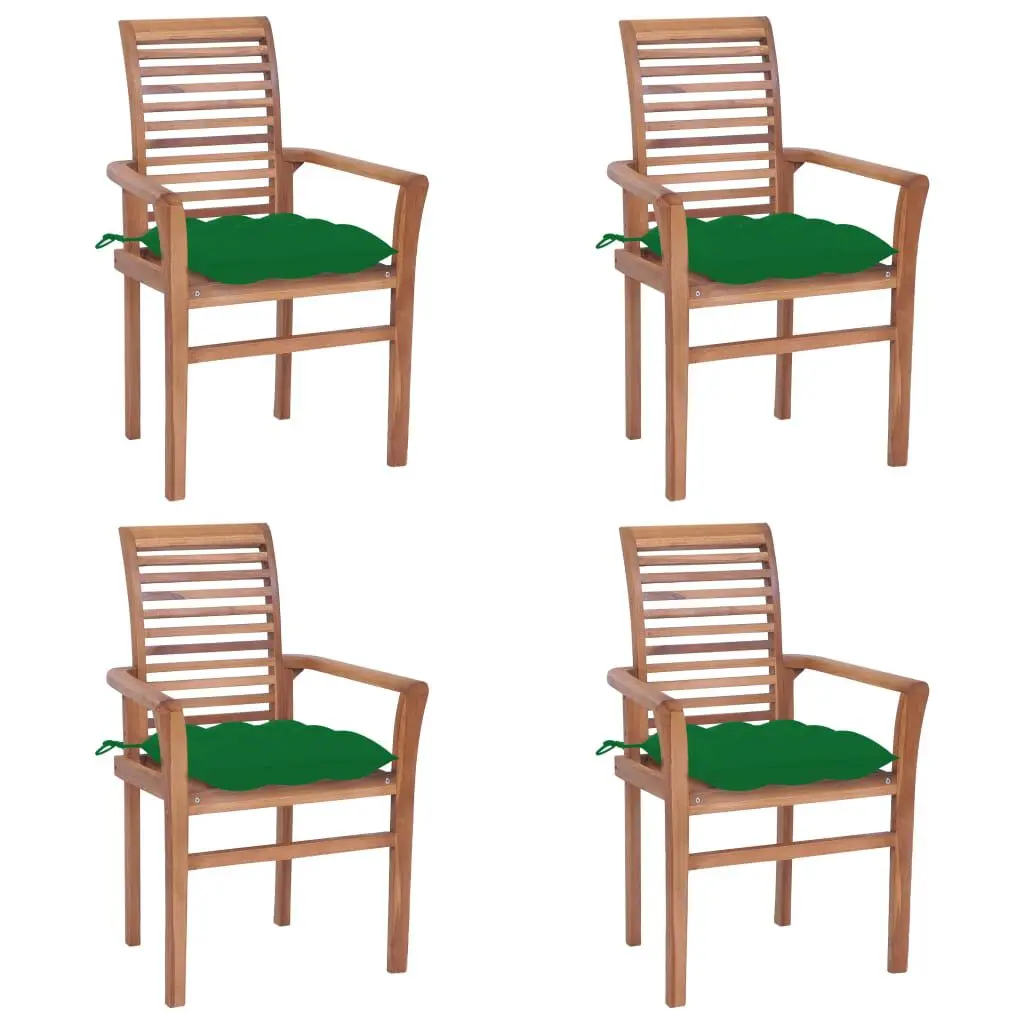 4-Piece Solid Teak Wood Dining Chairs Green Cushions Set