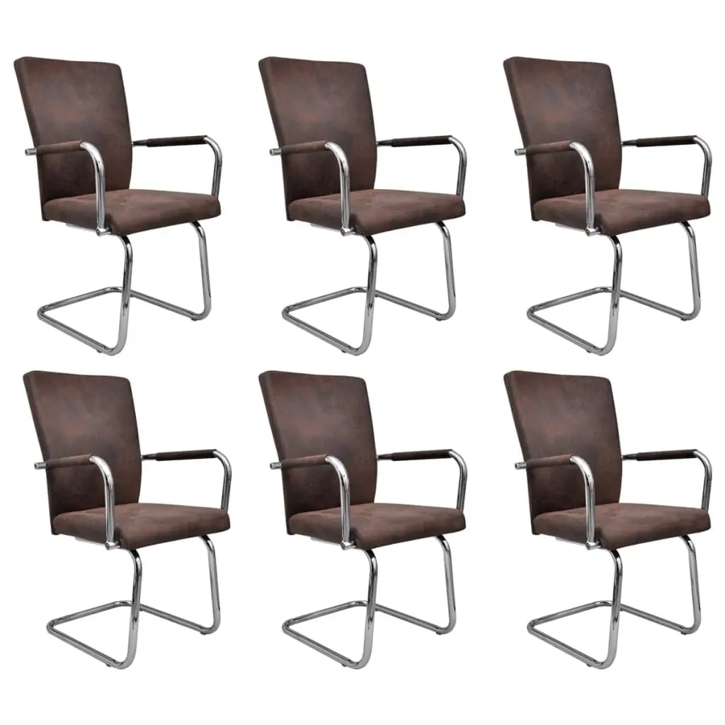 Cantilever Dining Chairs 6 Pieces Brown Faux Suede Leather Kitchen Seating