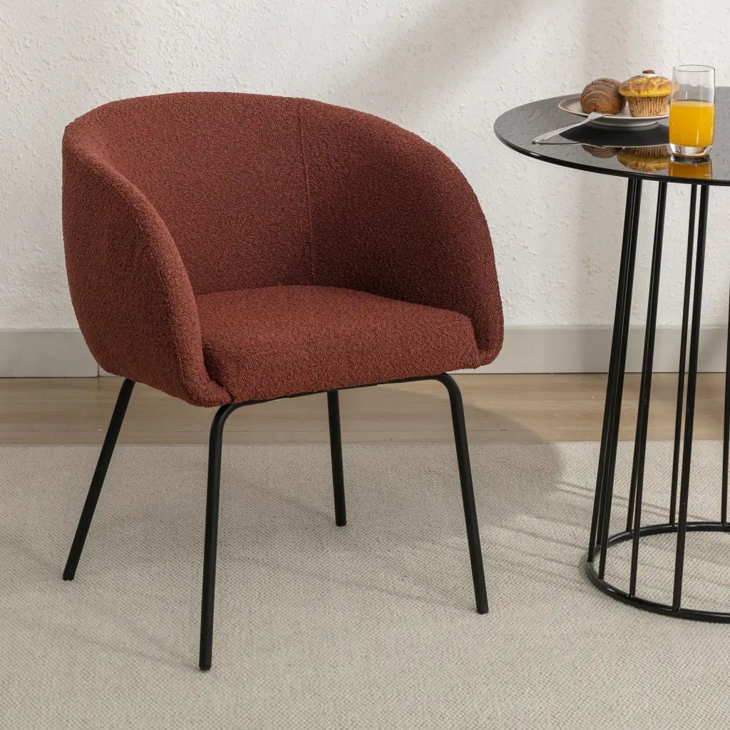 Boucle Material Dining Chair Black Metal Legs Wine Red - Set 1 dg collection