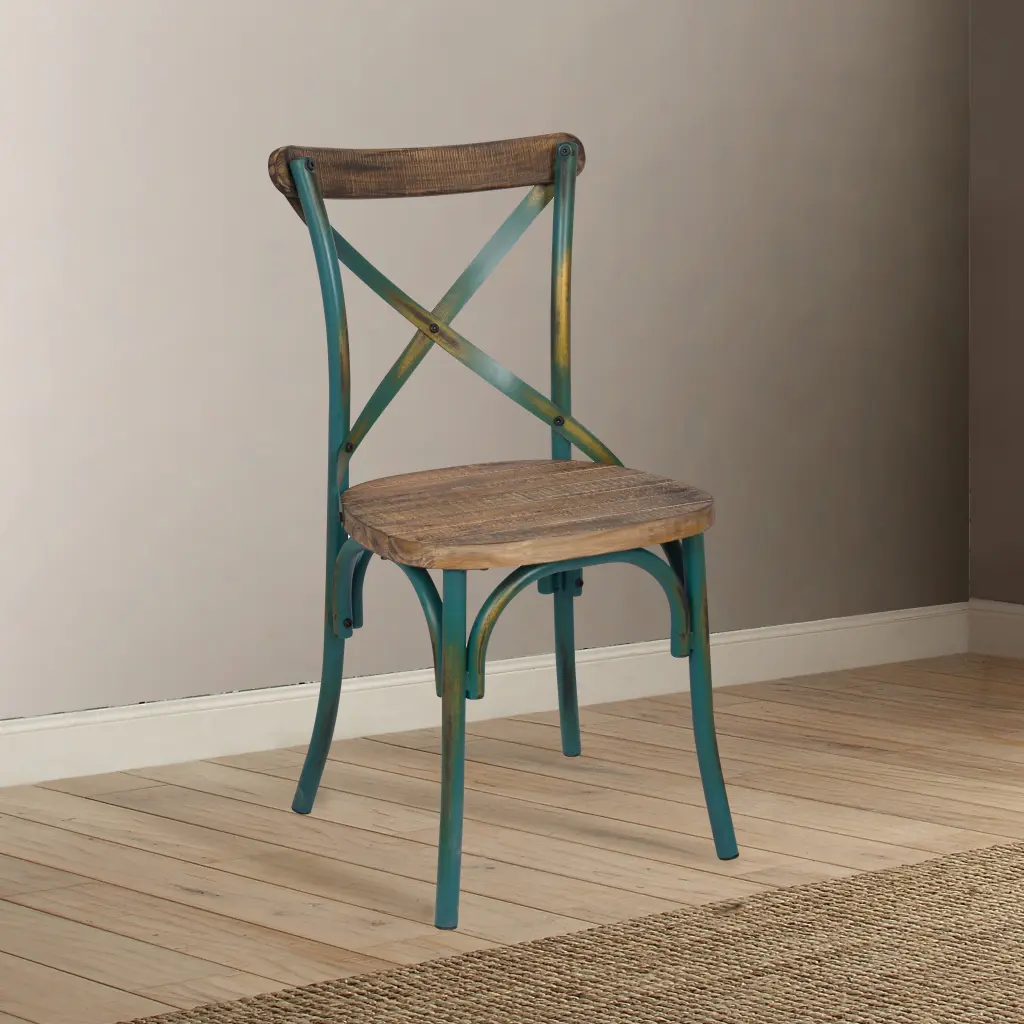 Antique Turquoise and Oak Cross Back Side Chair - Primitive Dining Chair furniture max