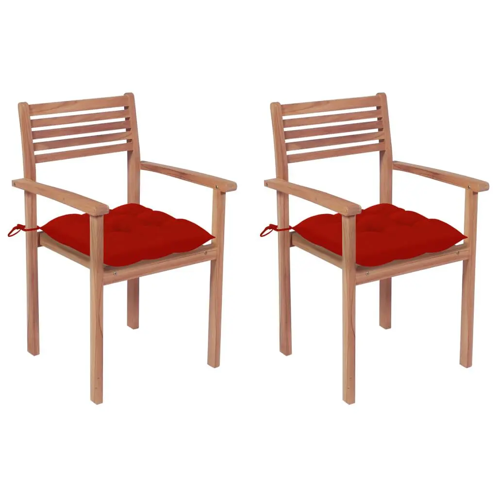 Patio Chairs 2 pcs Red Cushions Solid Teak Wood Outdoor Furniture