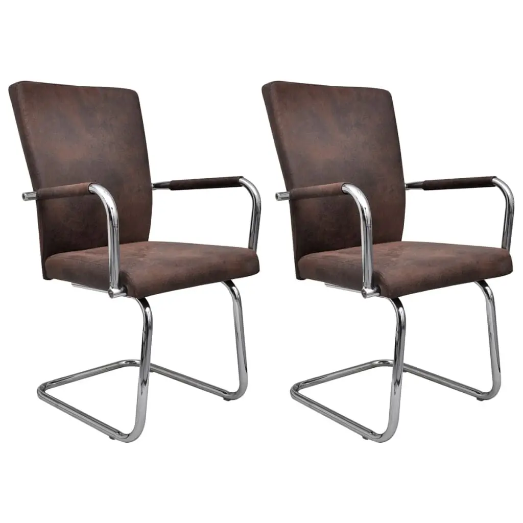 2 Piece Brown Faux Suede Leather Cantilever Dining Chairs