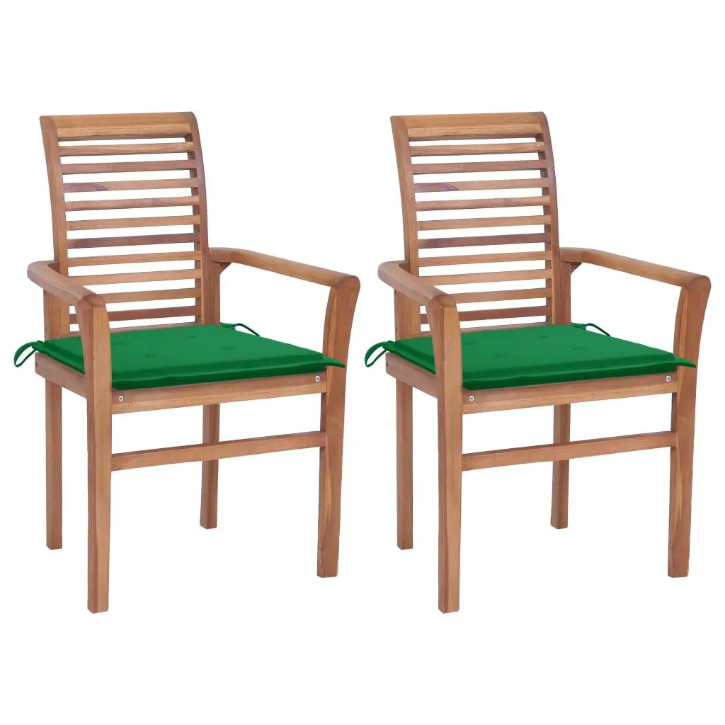 2 Piece Dining Chairs Green Cushions Solid Teak Wood Kitchen Furniture