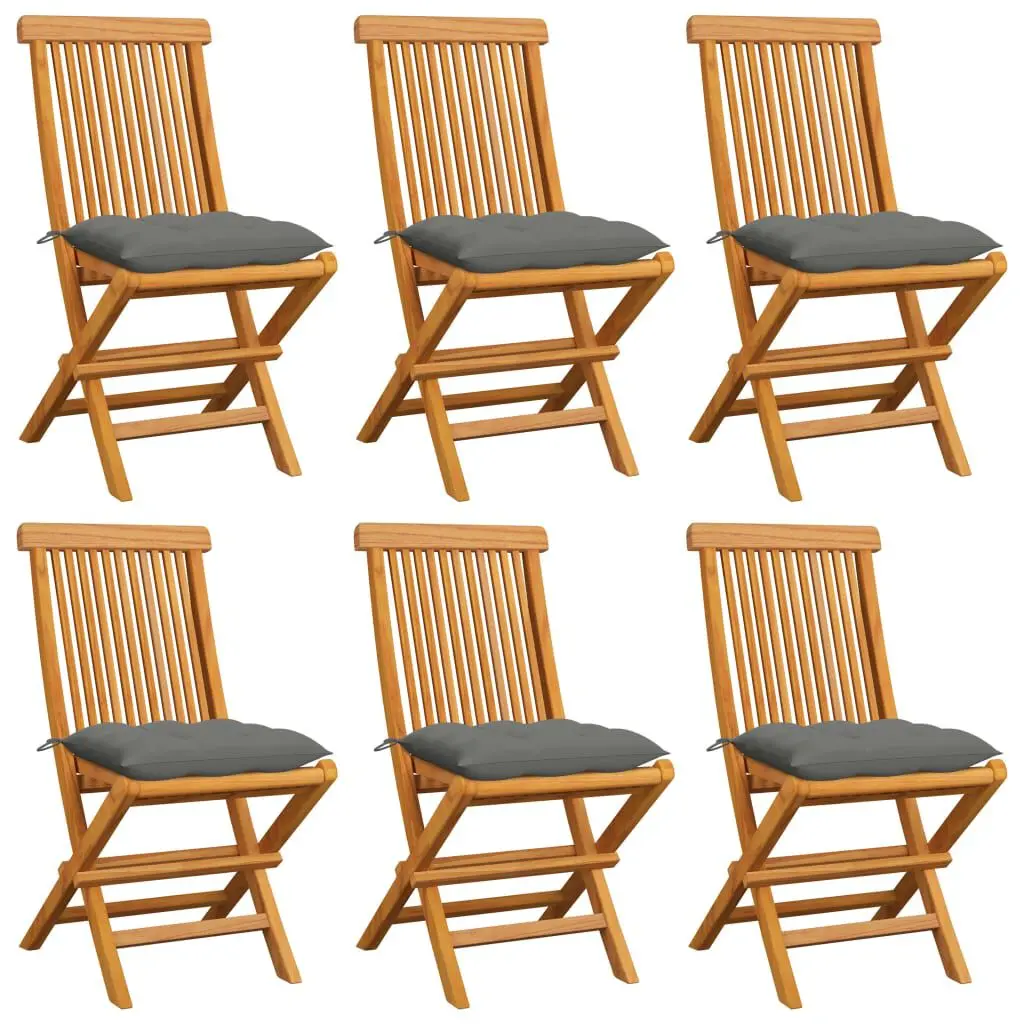 6 Piece Patio Chairs Gray Cushions Solid Teak Wood Outdoor Dining Set