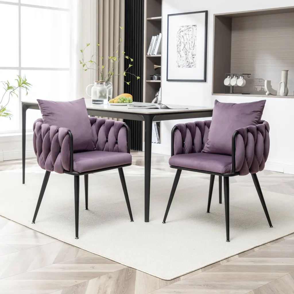 Dark Purple Modern Velvet Dining Chairs Set 2 Hand Weaving Accent zen zone
