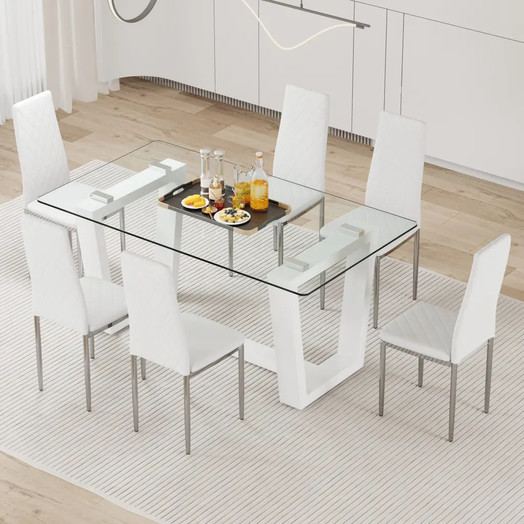 Rectangular Dining Table and Chair Set Tempered Glass Top droom w-1151