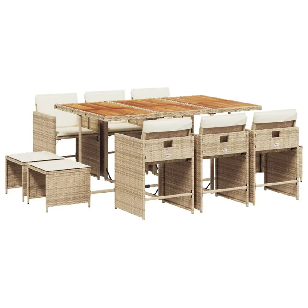 Beige Poly Rattan 11 Piece Patio Dining Set Cushions Outdoor Use