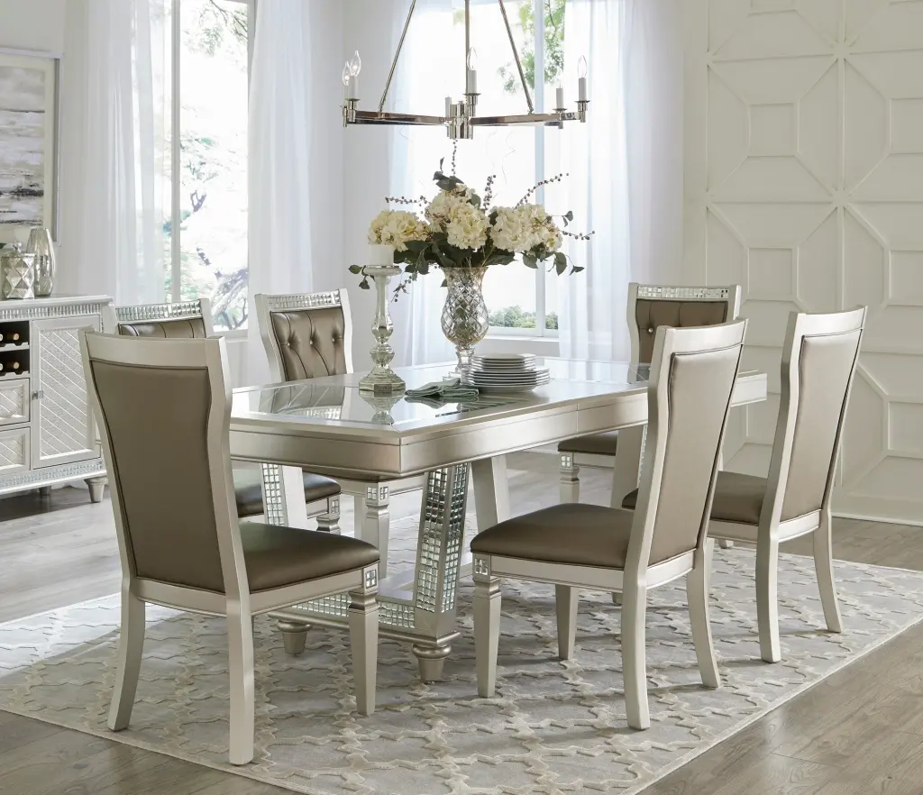 Glamorous 7 Piece Dining Set Champagne Finish Table Leaf and Crystal Inserts kanepe