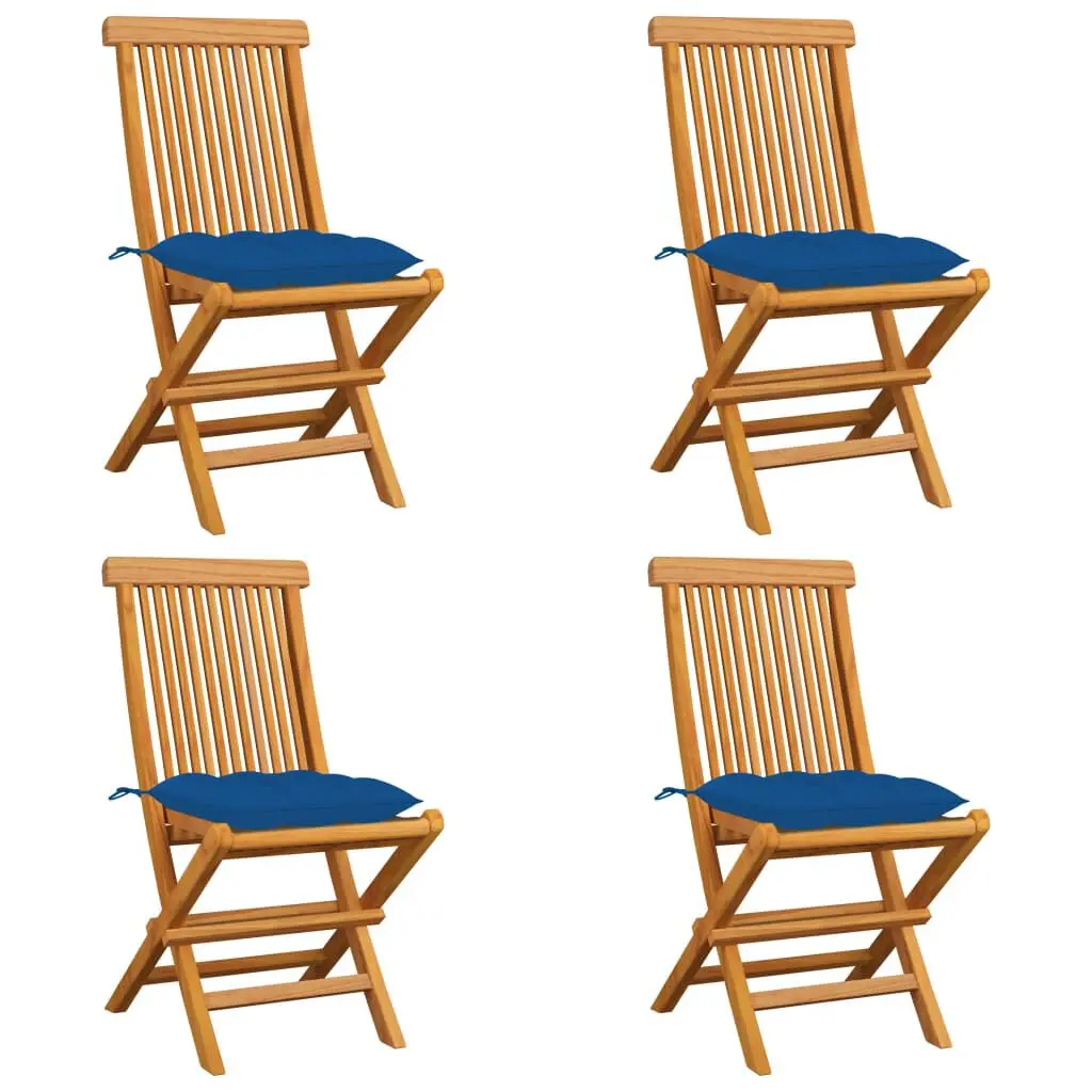 Patio Chairs Blue Cushions 4 Piece Set Solid Teak Wood Coastal Style Outdoor Furniture