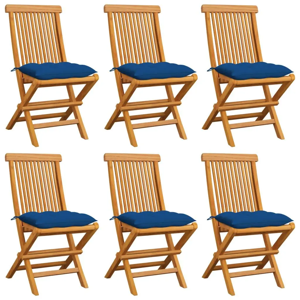 Patio Chairs Blue Cushions 6 Piece Set Solid Teak Wood Premium Outdoor Dining Collection