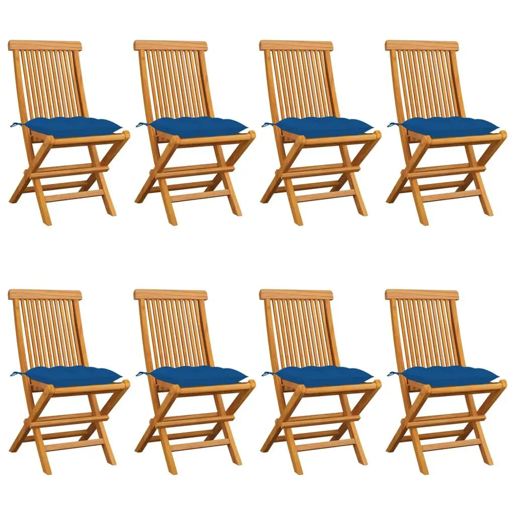 Patio Chairs Blue Cushions 8 Piece Set Solid Teak Wood Large Outdoor Entertaining Furniture
