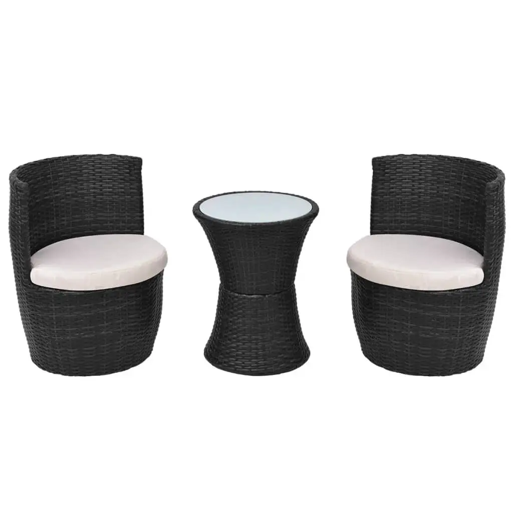 3 Piece Bistro Set Cushions Black Poly Rattan Outdoor Dining Set