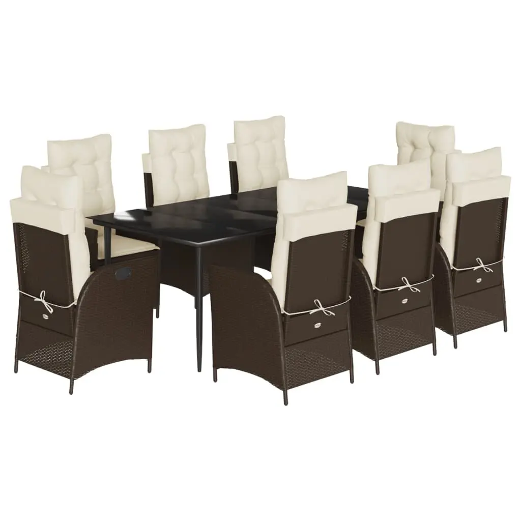 9 Piece Brown Poly Rattan Patio Dining Set Cushions Outdoor Furniture