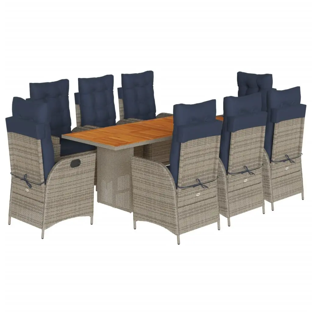 9 Piece Gray Poly Rattan Patio Dining Set Cushions