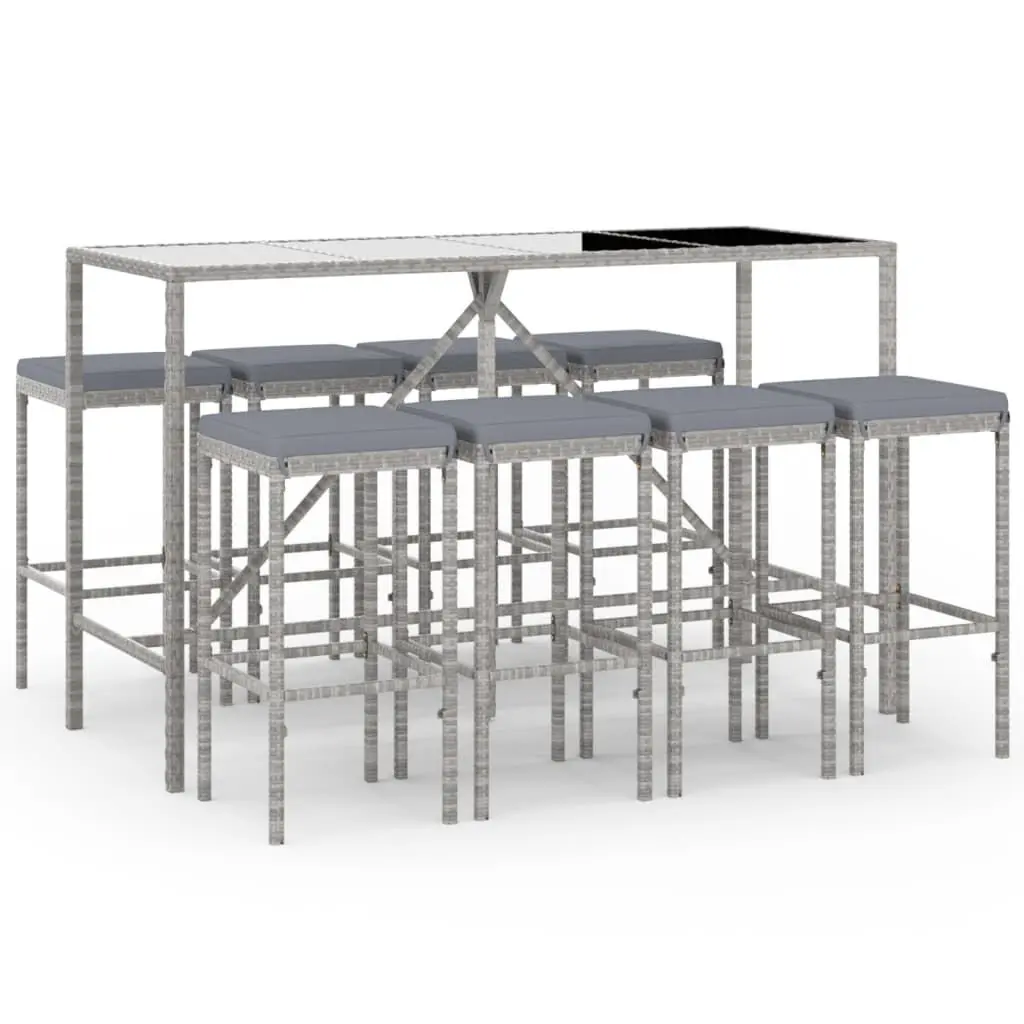9 Piece Patio Bar Set Cushions Gray Poly Rattan Outdoor Dining Furniture