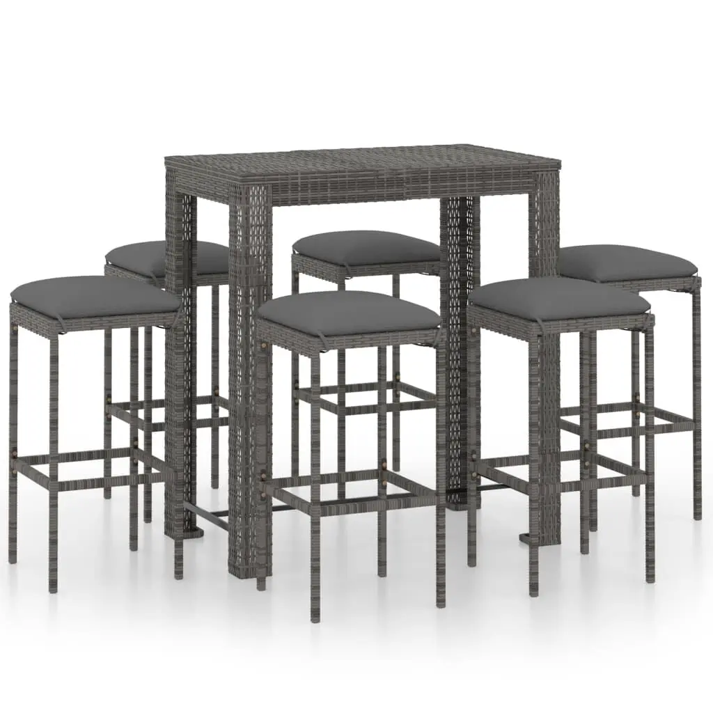 7 Piece Patio Bar Set Cushions Gray Poly Rattan Outdoor Dining Furniture