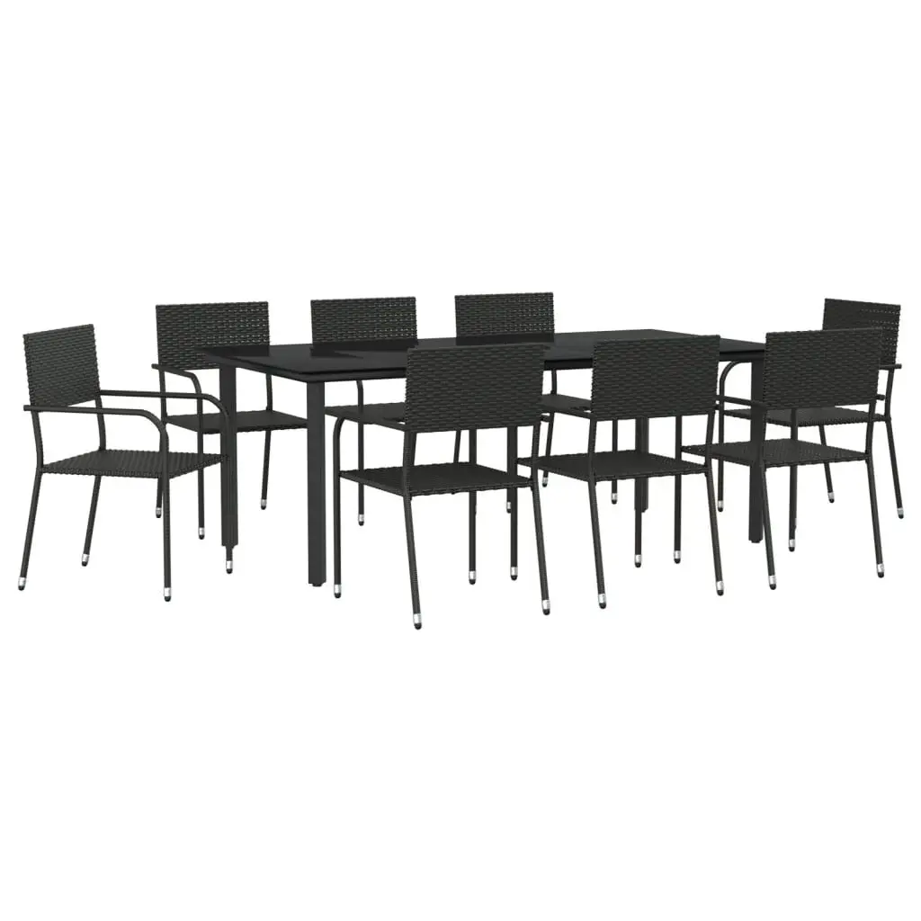 9 Piece Patio Dining Set Black Poly Rattan and Steel - Complete Outdoor Dining